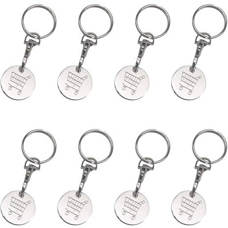 QUALDESN 8 Pack Shopping Cart Tokens Keyring,Stainless Steel Trolley Token Keyring for Shopping Carts Lightweight Portable Keychain for Supermarket and Grocery Use,Removable Chain Ring