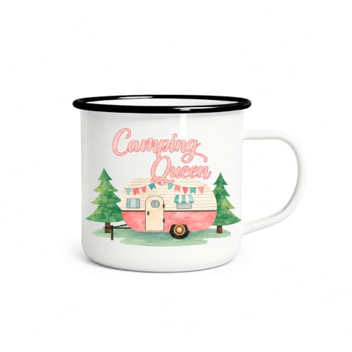 Camping Queen Becher 300 ml, Emaille Tasse mit Wohnwagen Motiv, Camping Tasse Outdoor Kaffeebecher für Wohnmobil Wohnwagen Reise, Camping Geschenke für Camperinnen und Outdoor Fans