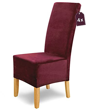 Scheffler Home Stuhlhussen Puma Velano Bordeaux 4er Set – Elastische waschbare Stuhlbezüge aus Samt für Esszimmerstühle und Polsterstühle – Edler Chenille Stuhlüberzug