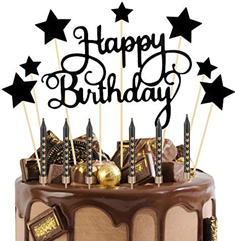 Lifreer Black Happy Birthday Cake Topper, Stars Cupcake Topper | Matte Glitter Cake Decoration with 6pcs Black Stars Cake Candle for Party Anniversary Wedding