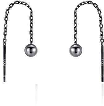 Durchzieher Ohrringe Sterling Silber 925 Schwarz mit 4mm Kugel Hängend Kurz Kette Ohrhänger für Damen