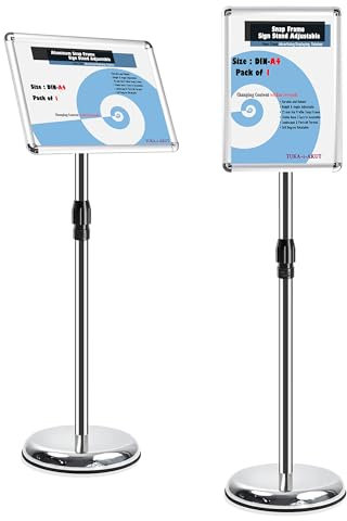 TUKA-i-AKUT A4 Espositore Informativo da Pavimento, Regolabile in Altezza, Ruotabile Supporto per Pubblicitario Presentazioni Poster Cartelli Annunci, Portaposter Cornice Pieghevole, Argento TKD8423