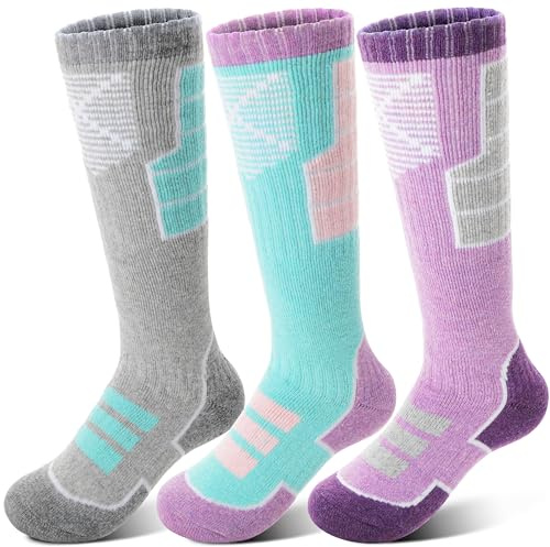Anlisim Kids Merino Wool Ski Socks 3 Pairs Girls Boys Thermal Winter Warm Thick Breathable Socks for Skiing Snowboarding (Mixed,12-15 Years)