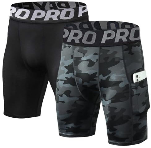 LANBAOSI Lot de 2-3 Short Compression Homme Running Cuissard Velo Homme Cycliste Collant Court de Sport Gym à Séchage Rapide Leggings Noir + Camouflage Noir M