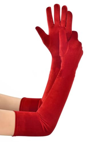 Wisafory Guanti lunghi da donna, in velluto, a gomito, per feste, guantoni da sera, per carnevale, Halloween, feste, costume anni '20, colore: rosso