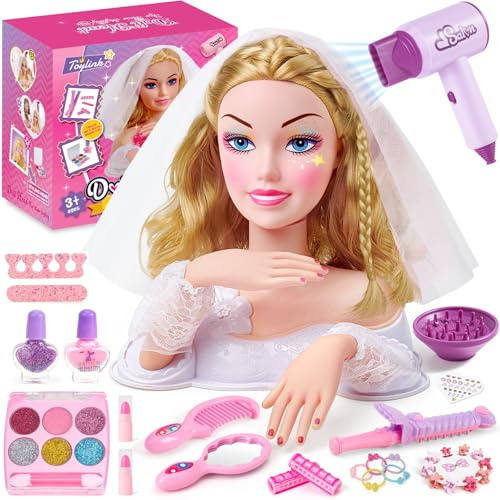vamei Testa Bambola da Truccare e Pettinare, Set Gioco Parrucchiera Bambina con Asciugacapelli, Smalto per Unghie, Testa da Pettinare Bambina Bambola da Truccare Giocattolo per Ragazze 3 4 5 6 Anni