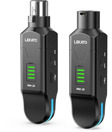 LEKATO Émetteur et récepteur de microphone XLR sans fil 2,4 GHz, alimentation fantôme 48 V, condensateur/micros dynamiques pris en charge, Plug & Play, autonomie de 8 h pour systèmes de sonorisation