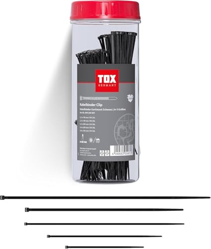 TOX Kabelbinder Set Clip M, 500 Stück, Schwarz, UV-beständig, universell einsetzbar zur sicheren Befestigung im Haus, Büro und Garten, 5 Größen mit jeweils 100 Stück, 099260001