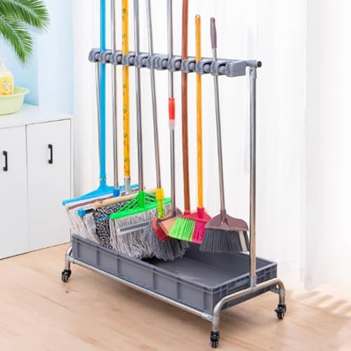 Stainless Steel Mop and Broom Holder Organizer, Movable Storage Cabinet with Wheels for Efficient Cleaning Supplies Management