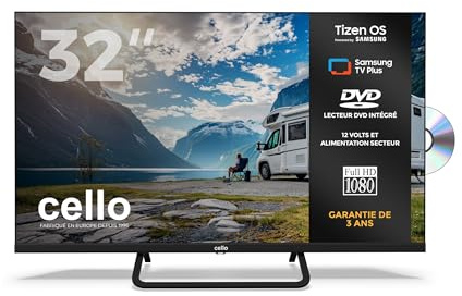 Cello CTRAV-32TZF Smart TV LED 32 12V con lettore DVD, Tizen OS di Samsung, Gaming Hub, altoparlanti Pitch Perfect, Bluetooth, triplo sintonizzatore, ideale per camper e campeggio