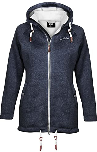 Dry Fashion Damen Fleece-Mantel Oslo - Winter Jacke Damen Frauen Jacke mit verstellbarer Kapuze Windabweisend Gefüttert in Navy Größe 44