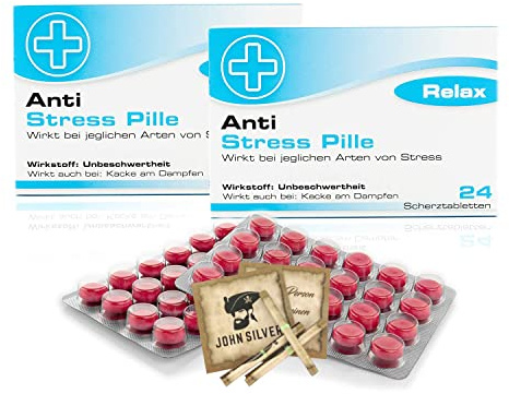 Lustige Pillen ANTI STRESS Pille im 2er Set, als Geburtstagsgeschenk. Spaß, Anti Stress, gute Laune, Junggesellenabschied Mann und Frau. mit John Silver® Orakelsprüchen