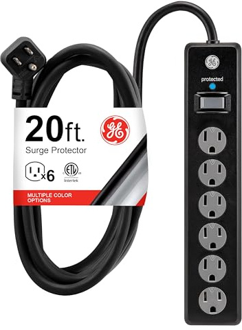 GE 6-Outlet Surge Protector, 20 Ft Extension Cord, Power Strip, 800 Joules, Flat Plug, Twist-to-Close Safety Covers, Protected Indicator Light, UL Listed, Black, 50769