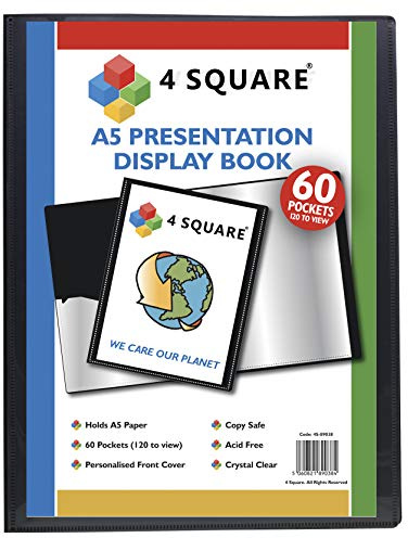 A5 Display Book - 60 Pockets (120 Sides) Black Presentation Display Book Folder Folio for Professionals, Business, Students, Projects, School, Colleges, Home, Office by 4 Square - 89038 (1 Book)