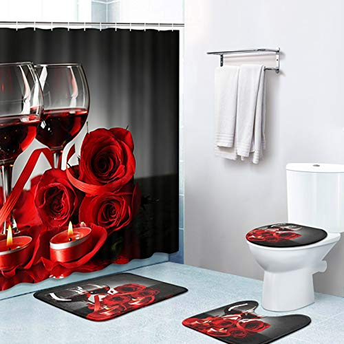 Britimes 4-teiliges Duschvorhang-Set mit 12 Haken, Rotweinrose mit rutschfesten Teppichen, WC-Deckelbezug und Badematte für Badezimmer-Dekor-Set, 182,9 x 182,9 cm