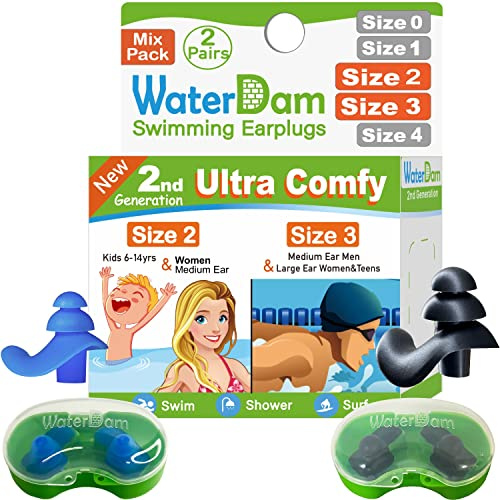 WaterDam Schwimm-Ohrstöpsel, wasserdicht, ultra-bequem, verhindern Schwimmer-Ohrstöpsel (Größe 2 + 3: Kleine mittelgroße Ohren, für Männer (blau) und mittelgroße Ohren, Teenager, Frauen (schwarz))
