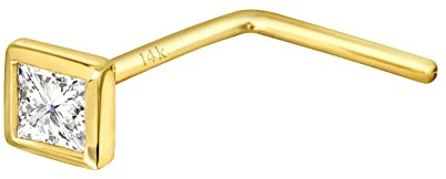 Jewelry Avalanche 22G 14K Yellow Gold L-Shape Nose Stud Bezel Set 0.05ct Princess Cut Diamond - April Birthstone Nose Ring - LSYG_PWD2