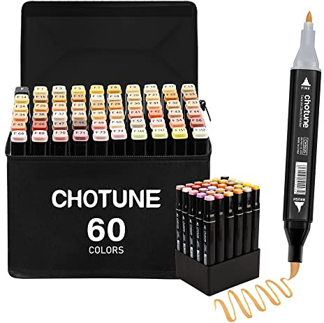 CHOTUNE Alkohol Marker Set, 60 Hauttöne Doppelte Spitze Weiche Bürste und Fein Sketch Zeichenmarker, Einfaches Mischen zum Skizzieren und Illustrieren mit Schwarzer Handtasche und Basis