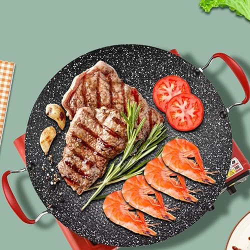 MOUMOUTEN Sartén Coreana Para Barbacoa, Placa Branquial Para Barbacoa 8 En 1, Plancha Con Revestimiento De Piedra Médica, Estufas Y Compatible Con Inducción, Sartén Redonda Con Mango(34CM)
