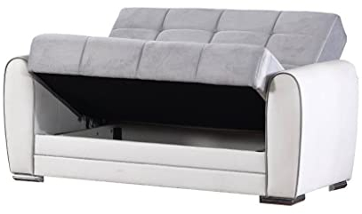 Dmora - Schlafsofa Pablito, Eck-Container-Schlafsofa aus Kunstleder und Stoff, Wohnzimmersofa mit klick-Klack-Öffnung und umkehrbarer Halbinsel, cm 163x84h91, Weiß und Grau