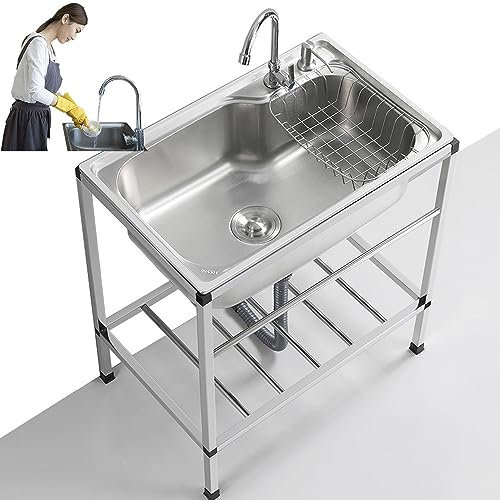 ZJIEX ILOOXI Küchenspüle Aus Edelstahl, Freistehende Spülbecken, Spültisch Mit Wasserhahn, Wäschespüle, Einzelbeckenspüle, Für Küche Restaurant Garage Garten(Single Cold,68x44cm/26.8x17.3in)