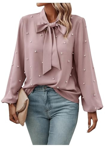 SweatyRocks Women's Pearls Bow Tie Mock Neck Long Sleeve Shirts Casual Loose Fit Blouse Top Pink XL