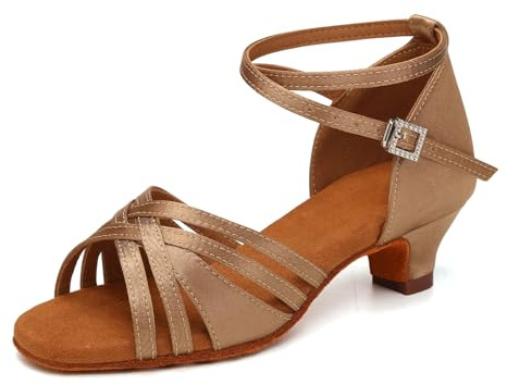 YCALCP Chaussures de Danse Latine Fille Femme Satin Bout Ouvert Filles Chaussures Danse de Salon Salsa Latine Tango,EM-930-XGG-Marron Clair-4,EU 36