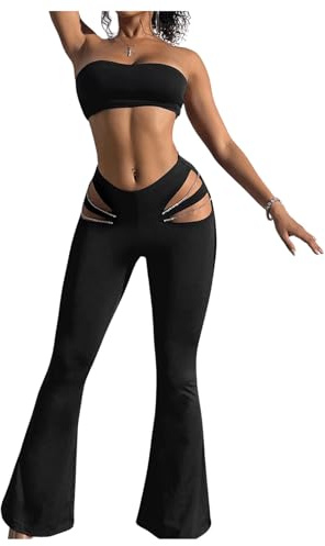 GORGLITTER Women's Rave Cut Out Pants High Waisted Flare Leg Y2K Going Out Pants Disco Bell Bottom Trousers Black Small