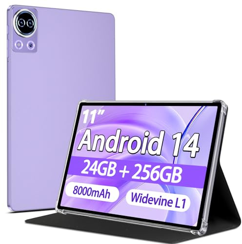 SKYEGG Tablette 11 Pouces Android 14, 24 Go RAM + 256 Go ROM, 5G Wi-FI, GPS, FHD Tablette Tactile avec Widevine L1, 8-Cores 2.0 GHz, 8000 mAh, 13 MP + 5 MP, Face ID, Pourpre