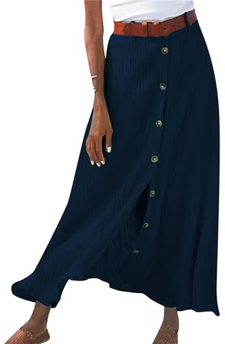 OMZIN Donna Cotone Lino A-Line Maxi Boemia Gonne Button Down Flowy Vita Alta Gonne Blu Navy XL
