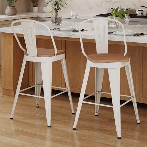 Aklaus Swivel Metal Bar Stools 30 inch Swivel Bar Height Barstools Set of 2 Modern Farmhouse Bar Chairs with High Backs and Large Wooden Seat for Kitchen Island Dining Room Cream White