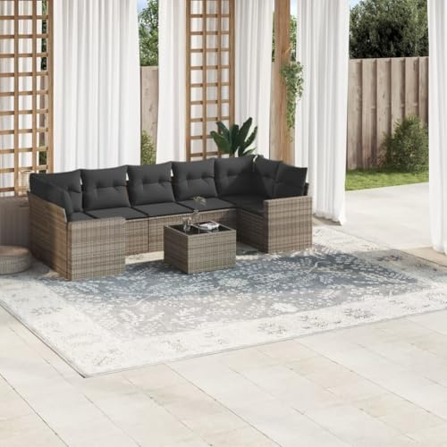 Bucmath 8-TLG. Garten-Sofagarnitur, Grau Poly Rattan Loungeset mit Kissen, Stauraum, Hartglas-Tischplatte, UV-beständig, Modulares Design für Terrasse, Balkon, Außenbereich