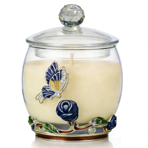 Scented Candles Gifts for Women - Enamel Butterfly & Blue Rose Decorative Glass Jar with Faceted Crystal Lid, Special Candle for Friend Mom Sister Friend, Unique Birthday Mother's Day Christmas Gift