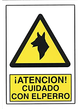 Amig - Señal de Advertencia - Cartel o placa de Peligro - Cuidado con el Perro - Adhesiva y pegatina - Polietileno - Apta para Exteriores e Interiores - Para Obras, Locales o Viviendas - 30 x 21 cm
