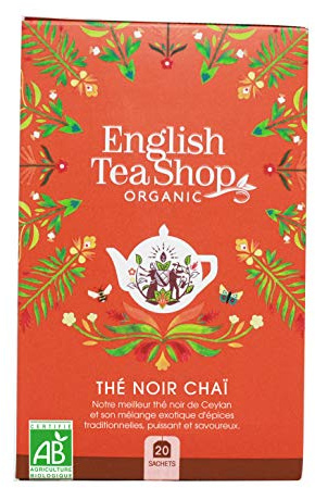 English Tea Shop - Thé Chaï Bio - Thé noir aux épices chaï traditionnelles - Cannelle, clous de girofle et cardamome - Boite de 20 sachets de thé noir chaï