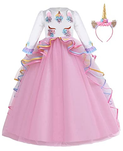 CinheyU Niñas Disfraz de Carnaval Manga Larga Vestido de Unicornio Princesa Cumpleaños Boda Fiesta de Cosplay para Chicas Navidad Bautizo Comunión Flor Vestidos de Baile con Diadema Rosa 6-7