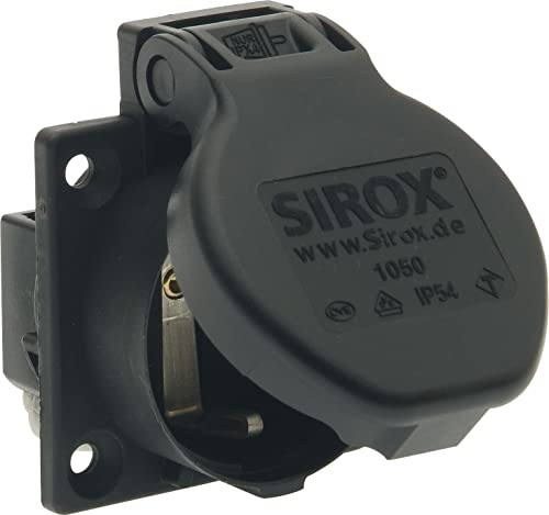 SiRoX Presa da incasso con contatto di protezione IP54 – 250 V 16 A, nero, con contatti nichelati, grande coperchio ribaltabile, dimensioni flangia 50 x 50 mm, diametro foro 43 mm, misura di fissaggio
