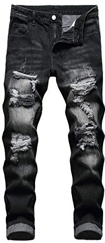 MXCVYCC Men's Black Ripped Jeans - Slim Fit Distressed Straight Leg Fashion Designer Denim Pants (30, Black)