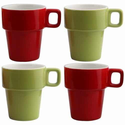 superyes Lot de 4 tasses à café empilables en céramique colorées, rouge, vert, 320 ml