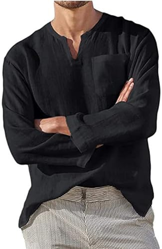 Rfmfkkg Camisas de algodón y lino para hombre, color negro, estilo Henley, manga larga, cuello en V, estilo casual, para playa, estilo hippie, Negro, 5XL