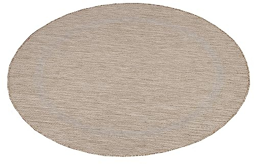 Teppium Outdoor Teppich Wetterfest 200 cm Rund Beige Sisal Optik - Küchenteppich Waschbar rutschfest, Wasserfest, Bordüre, Pflegeleicht - Ideal für Balkon, Terassen, Garten, Camping oder Küche