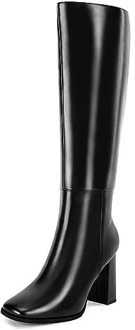 Coutgo Womens Wide Calf Knee High Boots Chunky High Heel Square Toe Fashion Leather Shoes with Side Zipper,Black,Size 8