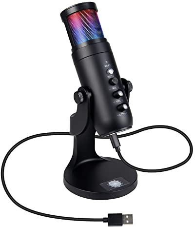 Zistel Micrófono USB para grabación de podcasts, micrófono para juegos para PC/portátil/teléfono/PS4/5, Plug and Play, micrófono condensador cardioide con botón de silencio, luz RGB, control de