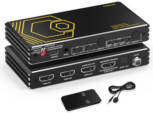 8K@60Hz 4K@120Hz HDMI2.1 Switch 2 in 1 Out with Audio Extractor eARC,ARC,7.1Ch,SPDIF 5.1Ch,48Gbps,HDCP2.3 Bypass,VRR,IR,3D,HDR 10,Dolby Atmos,Compatible with QLED TV,PS5,Xbox,Sonos Soundbar,Apple TV