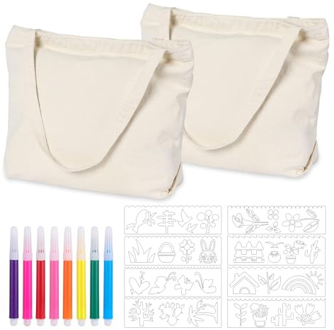 LDBKLGHJ 2 Pezzi Tote Bag-Set di Borse di Tela per Dipingere,Alta qualità Shopper di Cotone Bianco, Ideale per Personalizzare e Decorare,Confezione da con Pennarelli Colorati e Modello da Dipingere