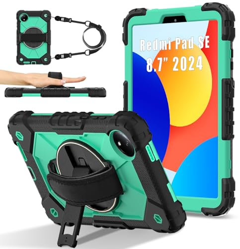 Compatibile con Xiaomi Redmi Pad SE 8.7 4G Rilasciato 2024, resistente TPU Cover 360 Rotante Cinghia da Polso e Supporto+Tracolla per Redmi Pad SE 8.7 4G Tablet Case (Nero Menta Verde)
