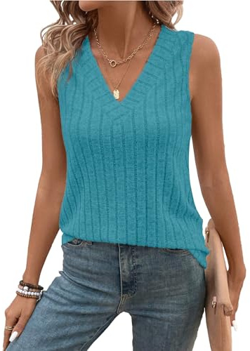 GLEENOD Tanktop damer V-ringad casual lös bas sommar t-shirts skjortor blus, Ljusblå, M