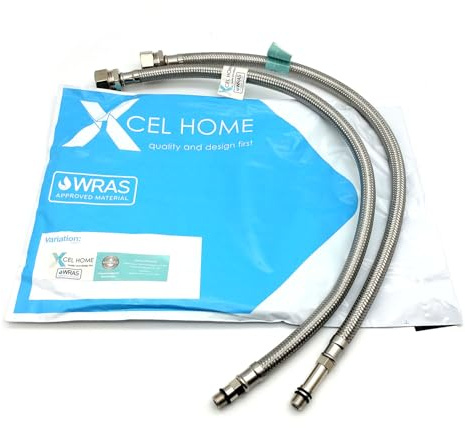 Xcel Home 2 x M12 x 15mm Compression Flexible Tap Connectors (500mm) | WRAS Approved Braided Hose Pipe for Kitchen Sink & Bathroom Basin Monobloc Mixer Tap Replacement