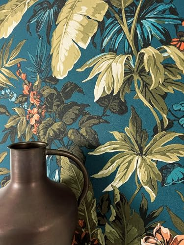 Newroom Tapete Grün Vliestapete Dschungel - Mustertapete Modern Petrol Orange Blumen Blätter Blumentapete Tropisch Dschungeltapete Regenwald inkl. Tapezier-Ratgeber