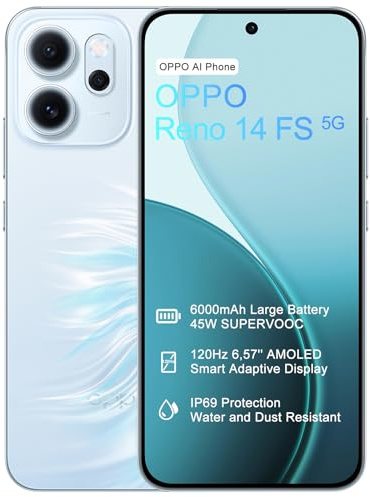 OPPO Reno14 FS 5G 12+512GB Teléfono Movil, IA Smartphone Android, Pantalla AMOLED 120Hz de 6,57, Cámara AI 50+8+2MP, Batería 6000mAh, SUPERVOOC 45W, Snapdragon 6 Gen 1, IP69, Vídeo 4K, NFC, Azul